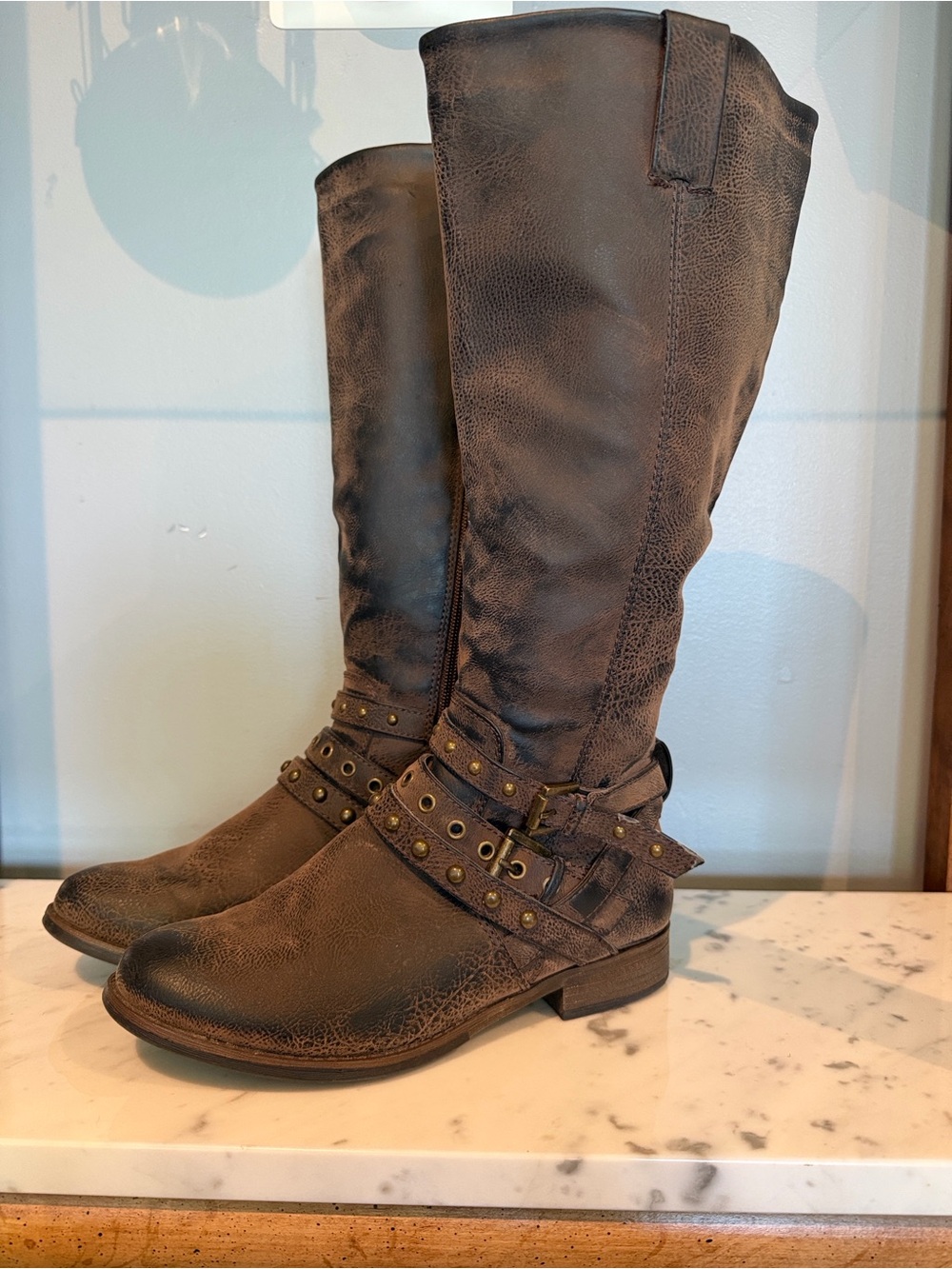 Studded Strap Over-the-Knee Boots in Distressed Brown